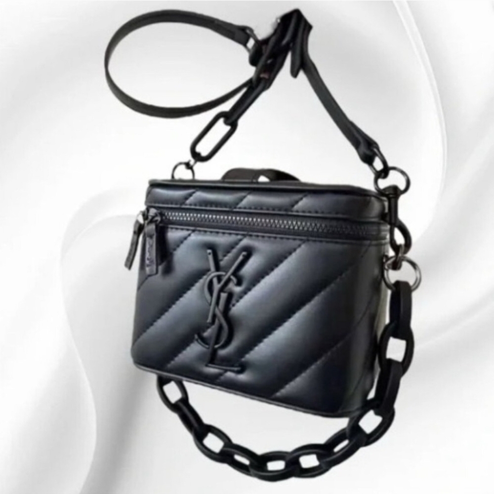 Yves Saint Laurent Black Quilted Leather Cosmetic Case with Chain Strap